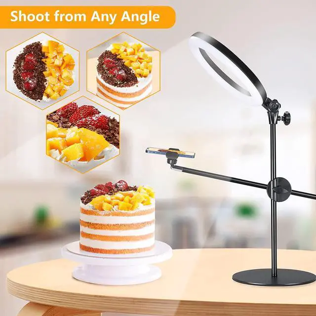 Alt view image 4 of 7 - Selfie Ring Light with Stand and Phone Holder,Overhead Phone Mount with 10.5" Ring Lights,Desk Circle Light with Tripod Adjustable Shooting Arm for Video Recording,YouTube,TikTok,Live Streaming