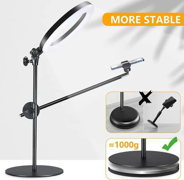 Alt view image 7 of 7 - Selfie Ring Light with Stand and Phone Holder,Overhead Phone Mount with 10.5" Ring Lights,Desk Circle Light with Tripod Adjustable Shooting Arm for Video Recording,YouTube,TikTok,Live Streaming