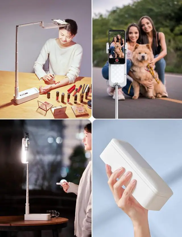 Alt view image 3 of 7 - Selfie Stand with 360° Rotates Phone Holder, Foldable/Rechargeable/Wireless/Overhead Recording with 1000mah Battery for Live Stream/Make up/YouTube/Tiktok/Vlog, 7 Brightness LED Light(White)