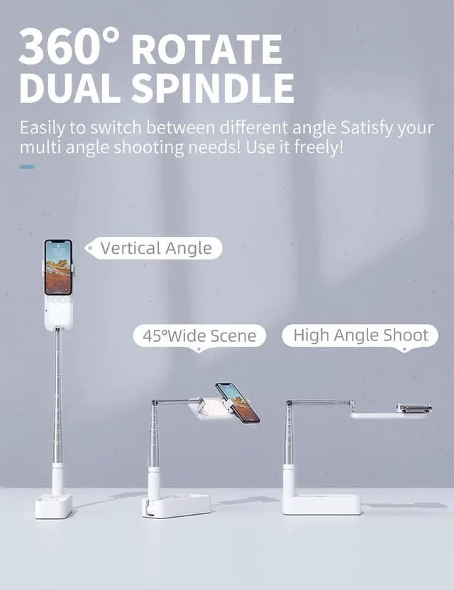 Alt view image 6 of 7 - Selfie Stand with 360° Rotates Phone Holder, Foldable/Rechargeable/Wireless/Overhead Recording with 1000mah Battery for Live Stream/Make up/YouTube/Tiktok/Vlog, 7 Brightness LED Light(White)