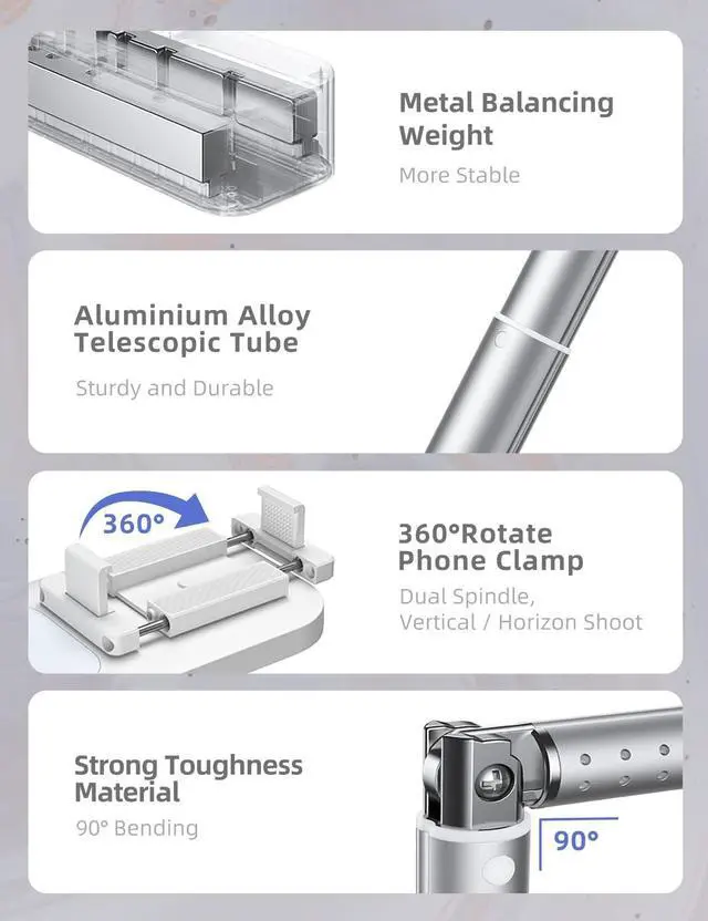 Alt view image 5 of 7 - Selfie Stand with 360° Rotates Phone Holder, Foldable/Rechargeable/Wireless/Overhead Recording with 1000mah Battery for Live Stream/Make up/YouTube/Tiktok/Vlog, 7 Brightness LED Light(White)