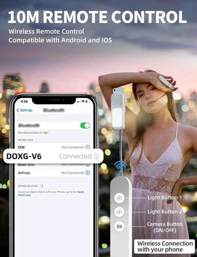 Alt view image 7 of 7 - Selfie Stand with 360° Rotates Phone Holder, Foldable/Rechargeable/Wireless/Overhead Recording with 1000mah Battery for Live Stream/Make up/YouTube/Tiktok/Vlog, 7 Brightness LED Light(White)