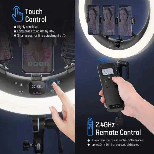 Alt view image 5 of 7 - Ring Light RP19H 19 inch with Stand and 3 Phone Holders, Upgraded 2.4G and Touch Control, Smooth Dimming at 1%, 42W CRI 97+ 2540lux, Professional for Streaming Home Office Zoom Call Lighting