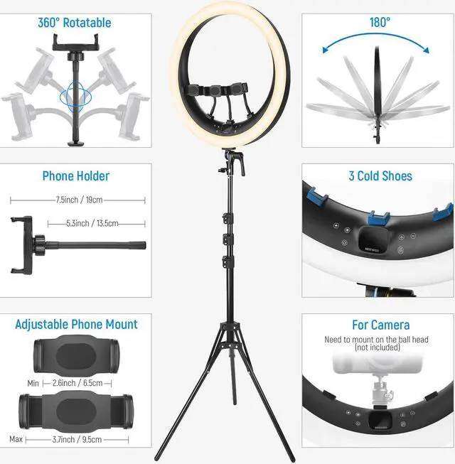 Alt view image 7 of 7 - Ring Light RP19H 19 inch with Stand and 3 Phone Holders, Upgraded 2.4G and Touch Control, Smooth Dimming at 1%, 42W CRI 97+ 2540lux, Professional for Streaming Home Office Zoom Call Lighting