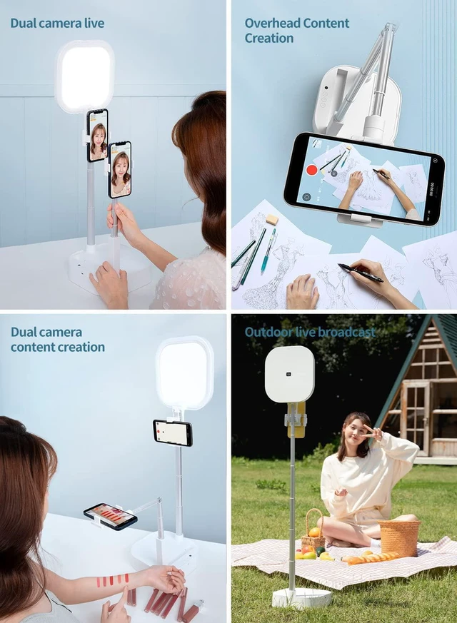 Alt view image 3 of 7 - Overhead Phone Stand for Recording with 360° Rotation & Two Phone Holders Content Creator Kit with Rechargeable Foldable 15-Brightness LED Light for Live Streaming, YouTube & Video Recording