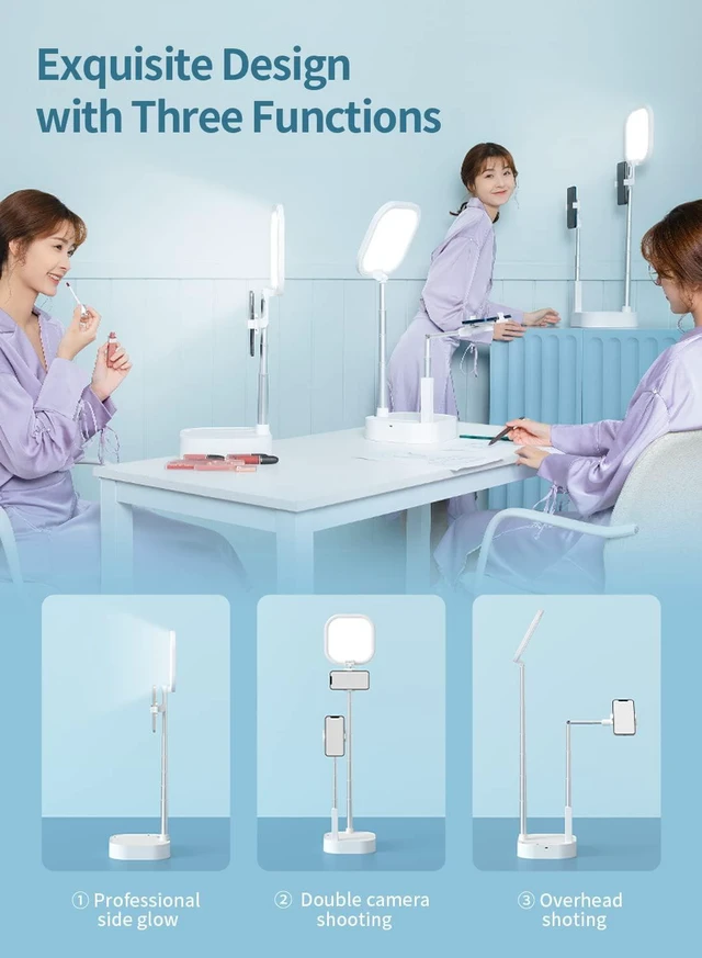 Alt view image 7 of 7 - Overhead Phone Stand for Recording with 360° Rotation & Two Phone Holders Content Creator Kit with Rechargeable Foldable 15-Brightness LED Light for Live Streaming, YouTube & Video Recording
