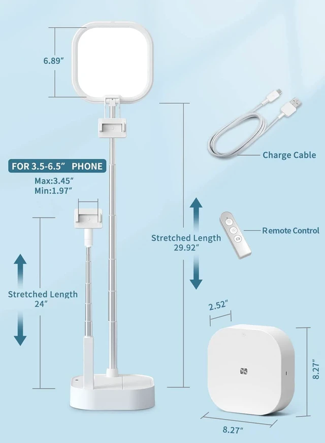 Alt view image 6 of 7 - Overhead Phone Stand for Recording with 360° Rotation & Two Phone Holders Content Creator Kit with Rechargeable Foldable 15-Brightness LED Light for Live Streaming, YouTube & Video Recording