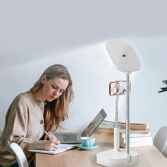Alt view image 2 of 7 - Overhead Phone Stand for Recording with 360° Rotation & Two Phone Holders Content Creator Kit with Rechargeable Foldable 15-Brightness LED Light for Live Streaming, YouTube & Video Recording