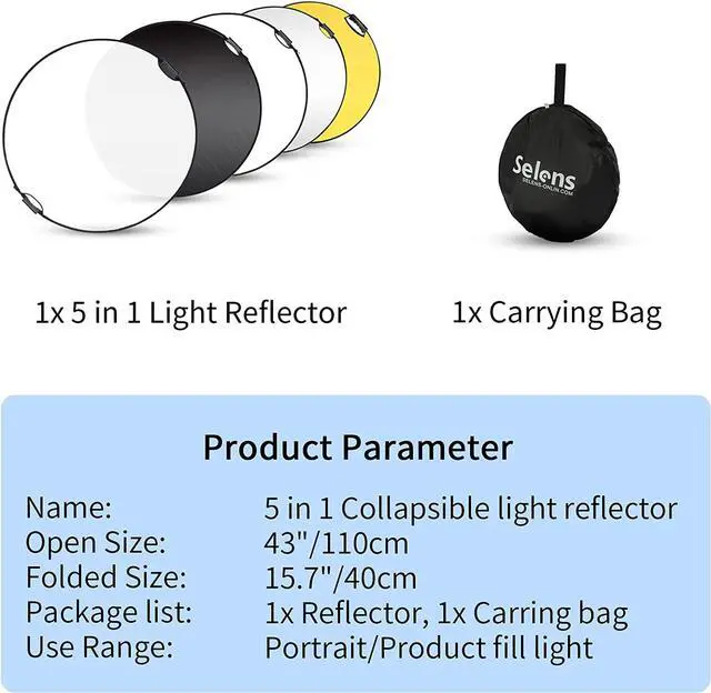 Alt view image 5 of 7 - Selens 43 Inch (110cm) Photography Reflector, Collapsible Light Reflector with Carrying Case, 5 in 1 Reflector for Photography Photo Studio Lighting -Translucent, Silver, Gold, White and Black