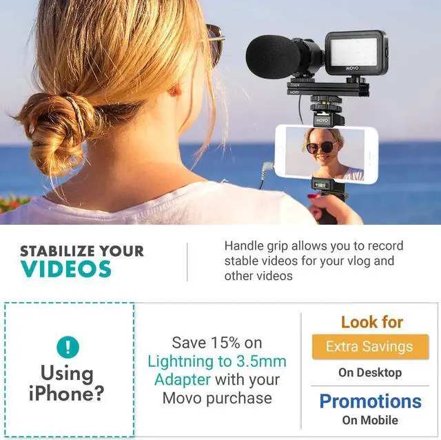 Alt view image 2 of 6 - Movo Vlog Kit V7 - YouTube Starter Kit with Grip, Stereo Microphone, Light and Wireless Remote Vlogging Kit for iPhone, Android - iPhone Vlogging Kit