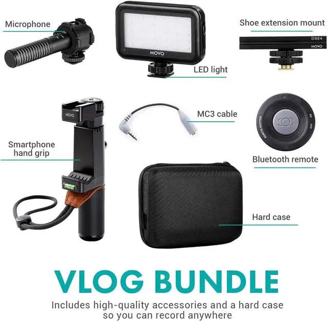 Alt view image 3 of 6 - Movo Vlog Kit V7 - YouTube Starter Kit with Grip, Stereo Microphone, Light and Wireless Remote Vlogging Kit for iPhone, Android - iPhone Vlogging Kit
