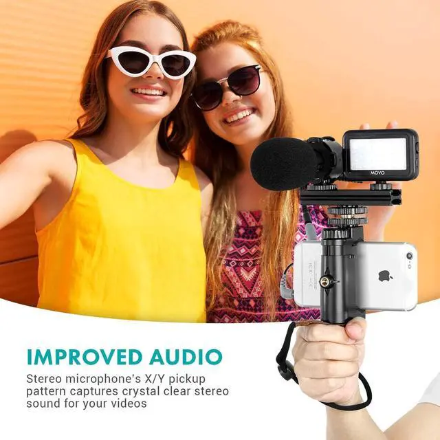 Alt view image 4 of 6 - Movo Vlog Kit V7 - YouTube Starter Kit with Grip, Stereo Microphone, Light and Wireless Remote Vlogging Kit for iPhone, Android - iPhone Vlogging Kit