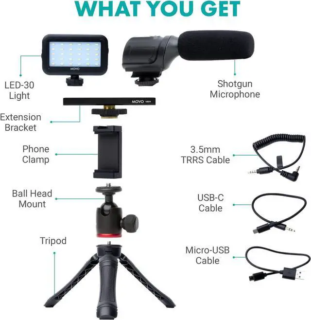 Alt view image 2 of 7 - Movo uVlogger- Android/USB-C Compatible Vlogging Kit Smartphone Video Kit Accessories: Tripod, Mount, LED Light and Cellphone Shotgun Microphone for Video Recording for YouTube, Vlog