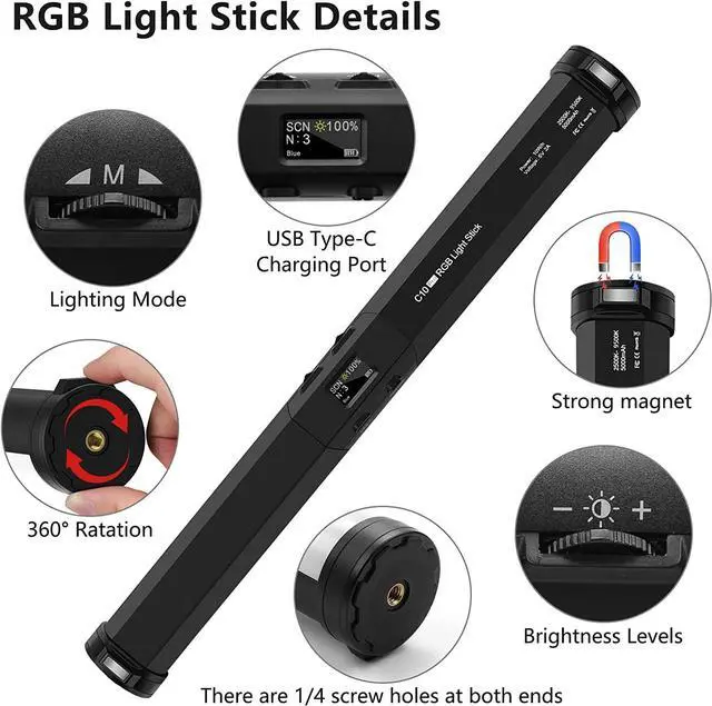 Alt view image 4 of 7 - RGB Led Video Light Stick Wand with Stand, 360° Full Color 2500-9500K Portable Studio Photography Lighting, 5000mAh Rechargeable Battery &Magnet &15-25" C Clamp Desk Mount Light Stand for Vlog