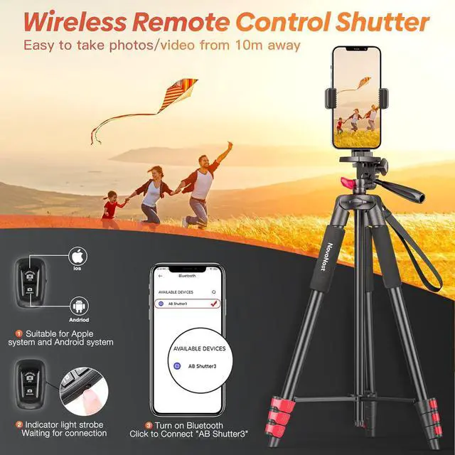 Alt view image 4 of 7 - 65" Phone Tripod Stand, Tripod for iPhone & Camera with Wireless Remote & Cellphone Holder for Video Recording/Selfies/Live Stream/Vlogging (Included Carry Bag)