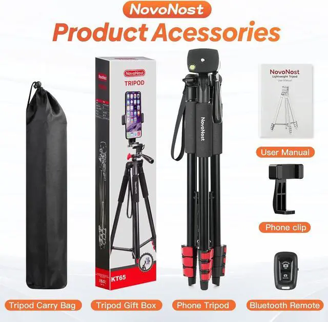 Alt view image 7 of 7 - 65" Phone Tripod Stand, Tripod for iPhone & Camera with Wireless Remote & Cellphone Holder for Video Recording/Selfies/Live Stream/Vlogging (Included Carry Bag)