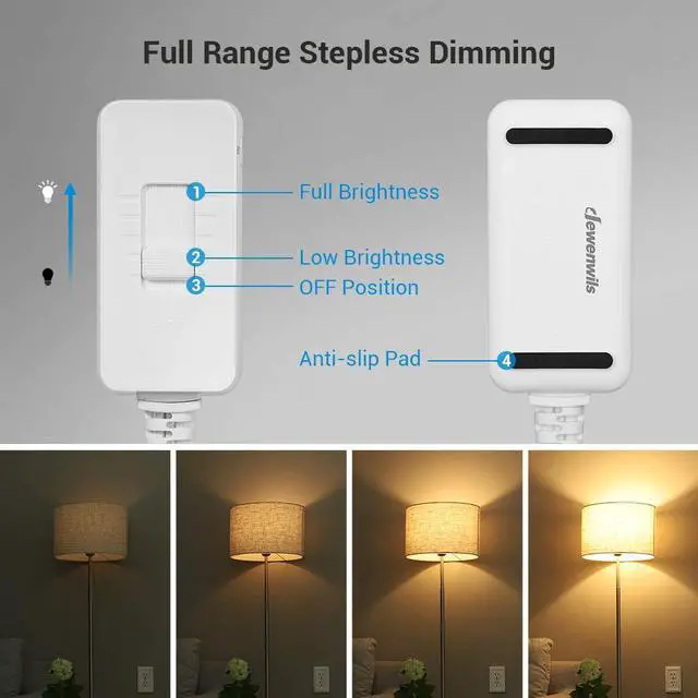 Alt view image 3 of 7 - DEWENWILS Plug in Dimmer Switch for Dimmable LED/CFL Lights and Incandescent Bulbs, Full Range Slide Control, Programmable to Adjust Dimming Range, 5 ft Extension Cord, ETL Listed, White