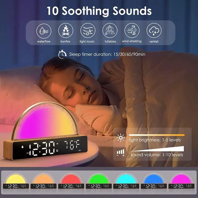 Alt view image 3 of 7 - Sunrise Alarm Clock, Wake Up Light Dawn Simulator, Bedside Sun Lamp Multi Color Night Light with USB Charger, Sleep Aid, Loud Alarm Clock for Heavy Sleepers Adults, Gift for Kids Teenage Boys Girls