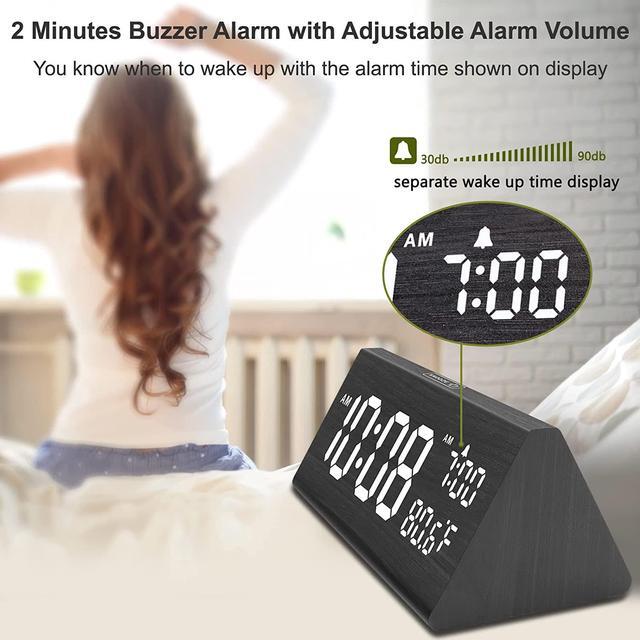 Alt view image 3 of 7 - DreamSky Wooden Digital Alarm Clock for Bedroom - 7.7" Electric Clocks with USB Ports, Large Numbers, Temperature, 0-100% Brightness Dimmer, Adjustable Alarm Volume, Snooze, 12/24H