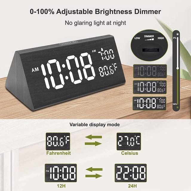 Alt view image 5 of 7 - DreamSky Wooden Digital Alarm Clock for Bedroom - 7.7" Electric Clocks with USB Ports, Large Numbers, Temperature, 0-100% Brightness Dimmer, Adjustable Alarm Volume, Snooze, 12/24H