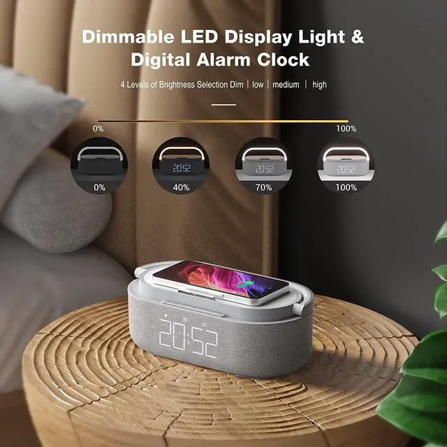 Alt view image 3 of 7 - 2023 Newest Bluetooth Speaker with Digital Alarm Clock, Wireless Charger, FM Clock Radio, Adjustable LED Night Light, Dual Wireless Speakers,2500mAh Battery for Bedroom,Home, Adaptor (Gray)