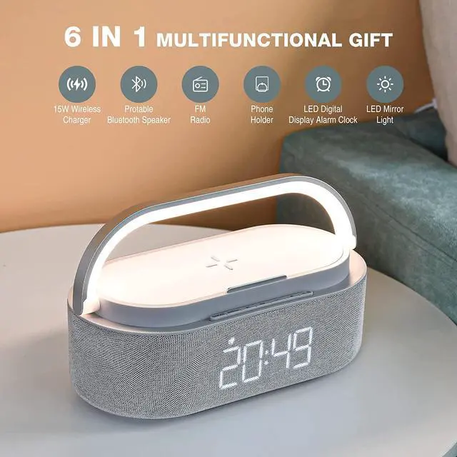 Alt view image 2 of 7 - 2023 Newest Bluetooth Speaker with Digital Alarm Clock, Wireless Charger, FM Clock Radio, Adjustable LED Night Light, Dual Wireless Speakers,2500mAh Battery for Bedroom,Home, Adaptor (Gray)