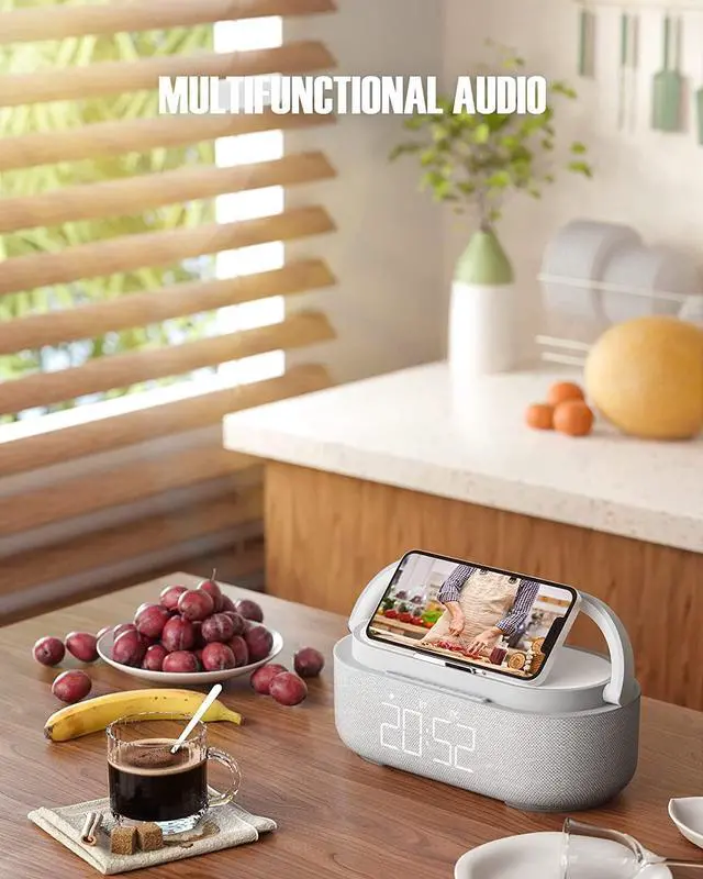 Alt view image 6 of 7 - 2023 Newest Bluetooth Speaker with Digital Alarm Clock, Wireless Charger, FM Clock Radio, Adjustable LED Night Light, Dual Wireless Speakers,2500mAh Battery for Bedroom,Home, Adaptor (Gray)