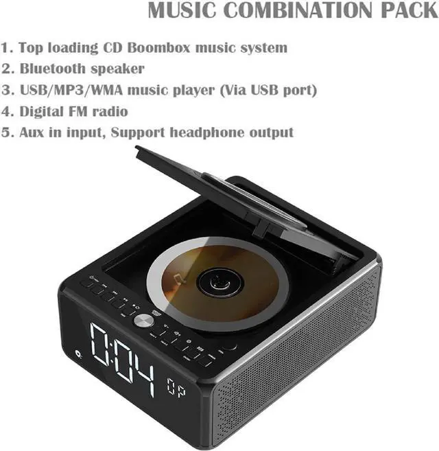 Alt view image 3 of 7 - CD Player Alarm Clock Radio Combo, Bluetooth CD Boombox, Qi Certified Fast Wireless Charger,Support CD/MP3/AUX/USB/FM Radio, CD Players for Home with Remote Control, Large Display, Dimmer