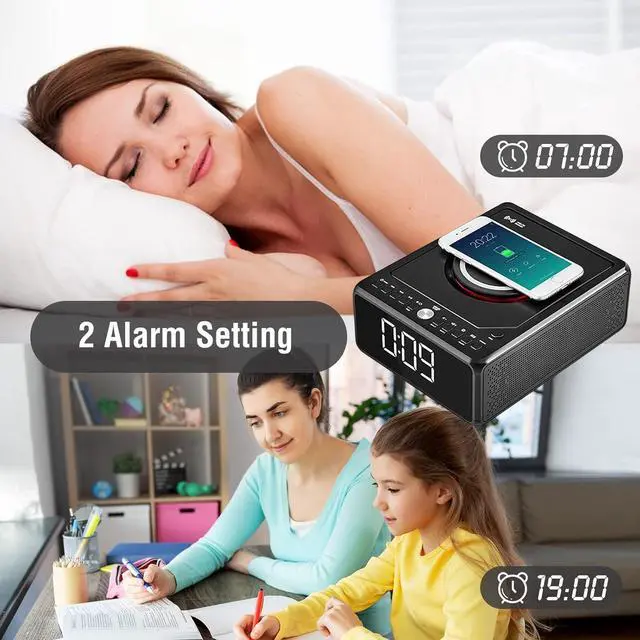 Alt view image 4 of 7 - CD Player Alarm Clock Radio Combo, Bluetooth CD Boombox, Qi Certified Fast Wireless Charger,Support CD/MP3/AUX/USB/FM Radio, CD Players for Home with Remote Control, Large Display, Dimmer