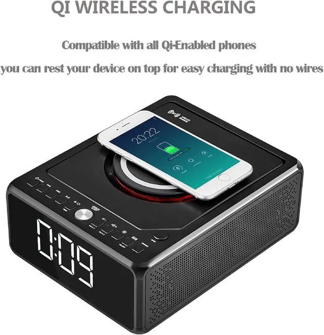 Alt view image 5 of 7 - CD Player Alarm Clock Radio Combo, Bluetooth CD Boombox, Qi Certified Fast Wireless Charger,Support CD/MP3/AUX/USB/FM Radio, CD Players for Home with Remote Control, Large Display, Dimmer