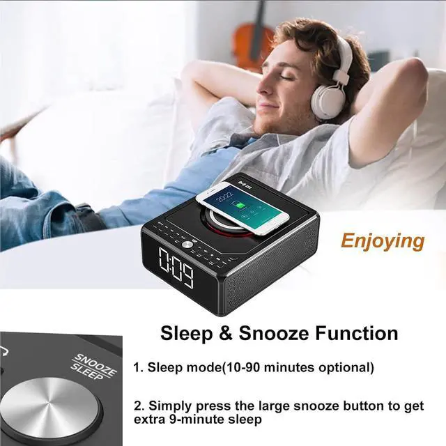 Alt view image 7 of 7 - CD Player Alarm Clock Radio Combo, Bluetooth CD Boombox, Qi Certified Fast Wireless Charger,Support CD/MP3/AUX/USB/FM Radio, CD Players for Home with Remote Control, Large Display, Dimmer