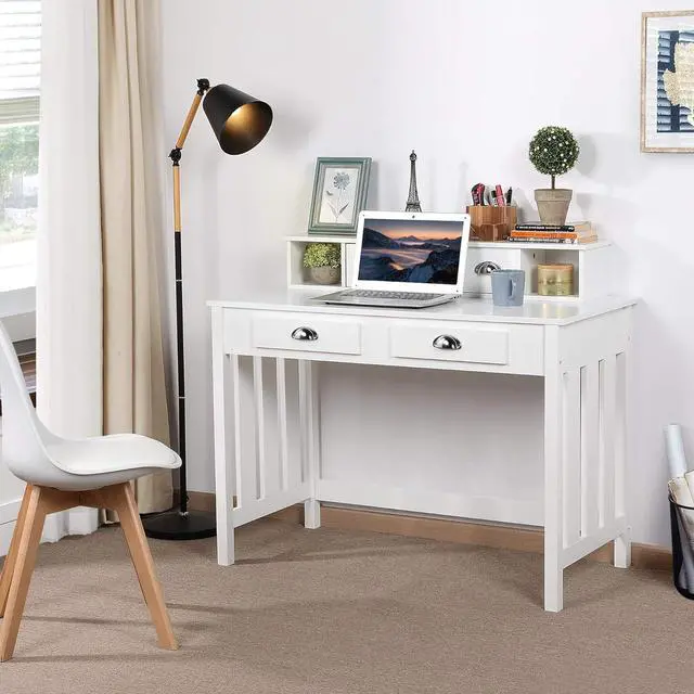 Alt view image 2 of 7 - Topeakmart Wood Writing/Study Desk for Home Office Computer PC Table with 4 Storage Drawers and Solid Pine Wood Legs, White