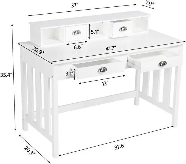 Alt view image 3 of 7 - Yaheetech 41.7 Inch White Computer Desk with 4 Drawers and Storage Space, 2 Tiers Home Office Table Workstation with Monitor Stand for Screen, Wooden Writing Gaming Table with Large Laptop