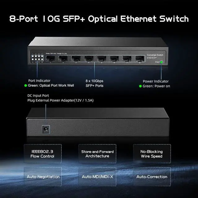 Alt view image 3 of 7 - Binardat 8 Port 10 Gigabit SFP Switch, Support 1G SFP and 10G SFP+ Module, 160Gbps Bandwidth, Metal Fanless Unmanaged Fiber Network Switch