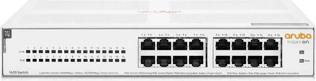 Alt view image 2 of 3 - Aruba Instant On 1430 16-Port Gb Unmanaged PoE Switch | 16-Port Class 4 PoE (124W) - 16x 1G Ports | Fanless | US Cord (R8R48A#ABA)