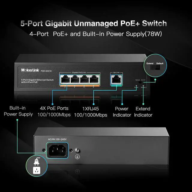 Alt view image 2 of 7 - MokerLink 5 Port Gigabit POE Switch, with 4 POE+ Ports 1000Mbps, 78W IEEE802.3af/at, Unmanaged Plug and Play, Sturdy Metal Fanless