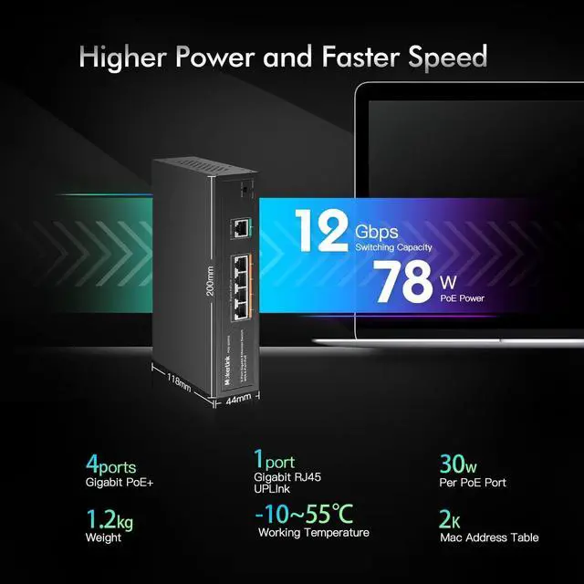 Alt view image 3 of 7 - MokerLink 5 Port Gigabit POE Switch, with 4 POE+ Ports 1000Mbps, 78W IEEE802.3af/at, Unmanaged Plug and Play, Sturdy Metal Fanless