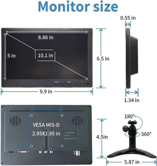 Alt view image 6 of 7 - 10.1 inch Security Monitor & Displays, 1024 * 600 Resolution, HD/BNC/AV/VGA/USB Input, Built-in Dual Speakers Portable LCD Monitor, Suitable for Game CCTV PC DVD DSLR