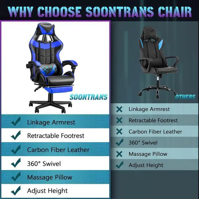 Alt view image 5 of 7 - Soontrans Blue Gaming Chair with Footrest,Gaming Computer Chair, Office Gaming Chair Ergonomic Gamer Chair with Height Adjustment,Headrest and Lumbar Support Gamer Chair(Storm Blue)