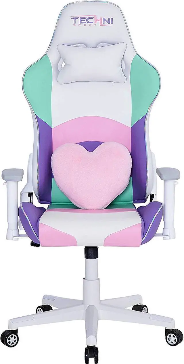 Alt view image 5 of 7 - Techni Sport Gaming Chair - Kawaii Pastel Pink Purple Green - Ergonomic Office Computer Chair with Memory Foam, Lumbar Support, Heart Pillow, 300 Lbs Capacity