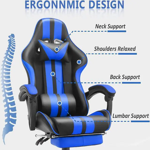 Alt view image 4 of 7 - Racing Style PC Computer Chair,Computer Gaming Chair, E-Sports Chair,Ergonomic Office Chair with Height Adjustment,Retractable Footrest,Headrest and Massage Lumbar Support(Navy Blue)