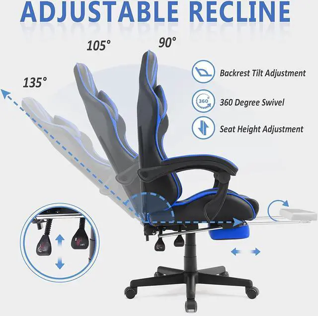 Alt view image 5 of 7 - Racing Style PC Computer Chair,Computer Gaming Chair, E-Sports Chair,Ergonomic Office Chair with Height Adjustment,Retractable Footrest,Headrest and Massage Lumbar Support(Navy Blue)