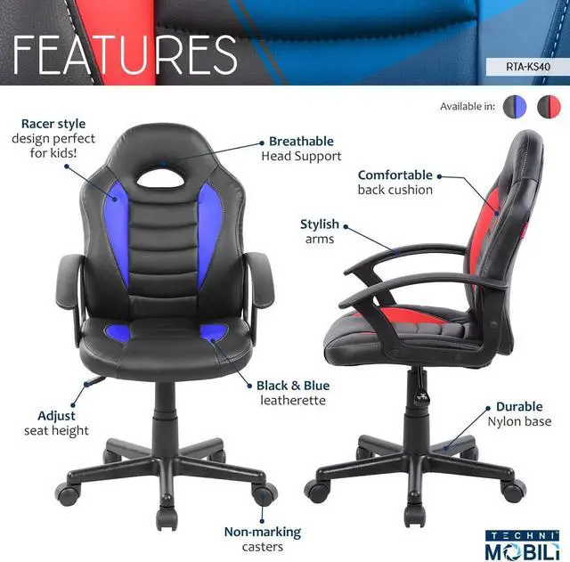 Alt view image 4 of 7 - Techni Mobili Kid's Gaming and Student Racer Chair with Wheels, Resemblance of a sport's car interior, Polypropylene, Blue