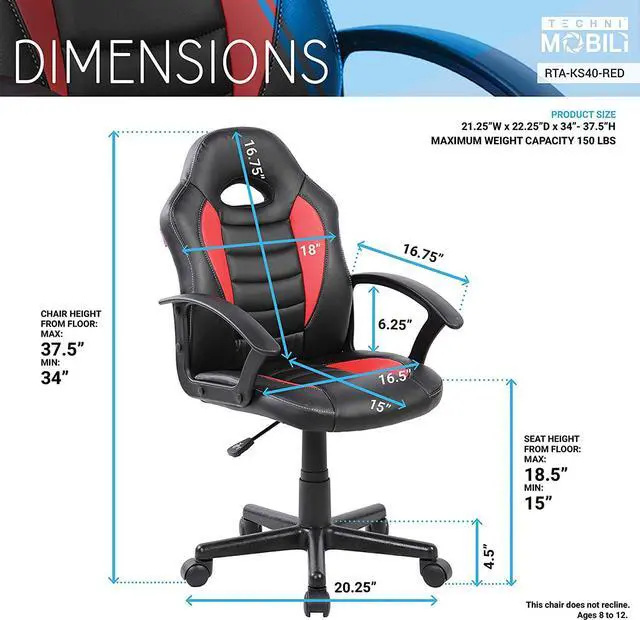 Alt view image 7 of 7 - Techni Mobili Kid's Gaming and Student Racer Chair with Wheels, Red 22D x 21.25W x 35.25H in