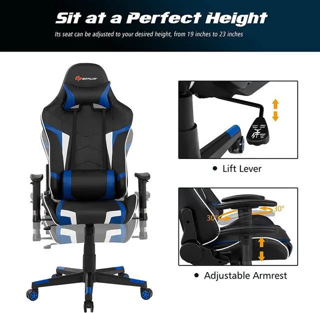 Alt view image 7 of 7 - Goplus Gaming Chair - Racing Style, High Back PU Leather, Adjustable Arms & Headrest, Ergonomic Reclining Game Chair with Rolling Swivel Base