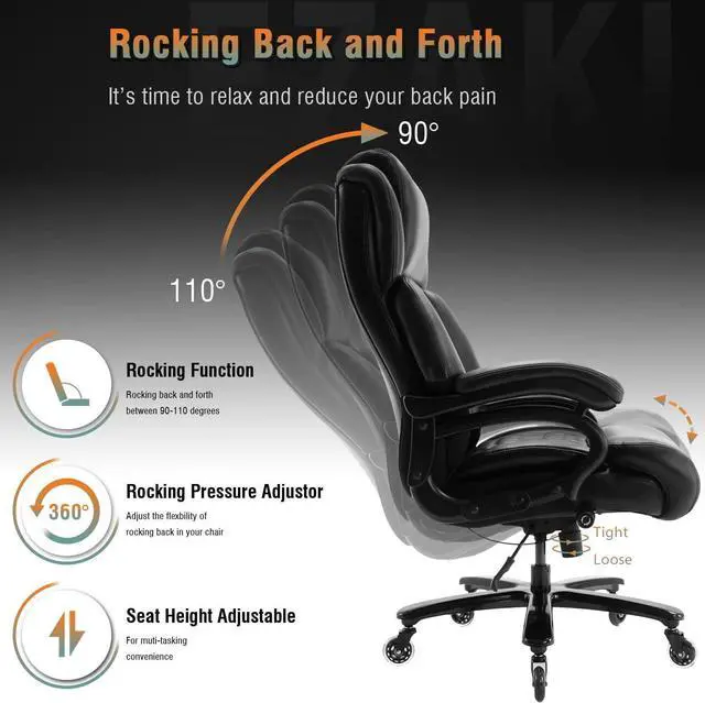 Alt view image 5 of 7 - Big and Tall 400lbs Office Chair - Adjustable Lumbar Support Quiet Rubber Wheels Heavy Duty Metal Base, High Back Large Executive Computer Desk, Thick Padded Ergonomic Design for Back Pain (Black)