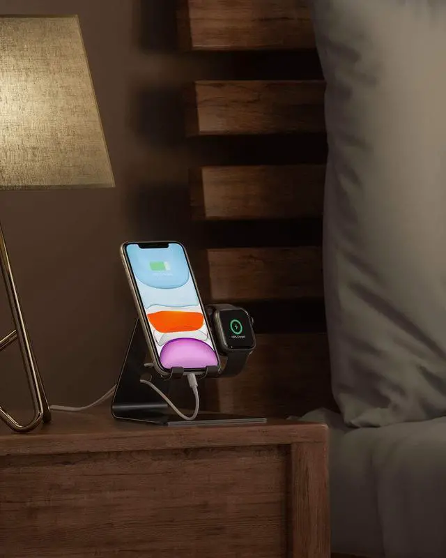 Alt view image 6 of 7 - OMOTON Stand for Apple Watch - 2 in 1 Universal Desktop Stand Holder (Not Include Charger) for All iPhone 16 15 14 13 12 and Apple Watch Series 9/8/SE2/7/6/SE/5/4/3/2 (Both 38/40/41/42/44/45mm)-Black