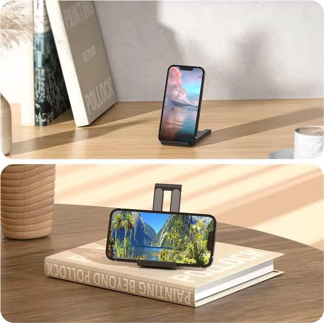 Alt view image 4 of 7 - ESSAGER 2 Pack Foldable Mini Cell Phone Stand, Adjustable Mobile Phone Holder for Desk Compatible with iPhone/Kindles/Smartphones (Black), Welcome to consult