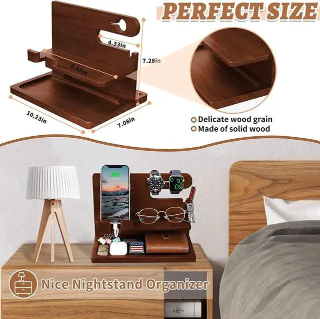 Alt view image 5 of 7 - Wood Phone Docking Station - Nightstand Charging Organizer and Cell Phone Stand - Bedside Gift for Men