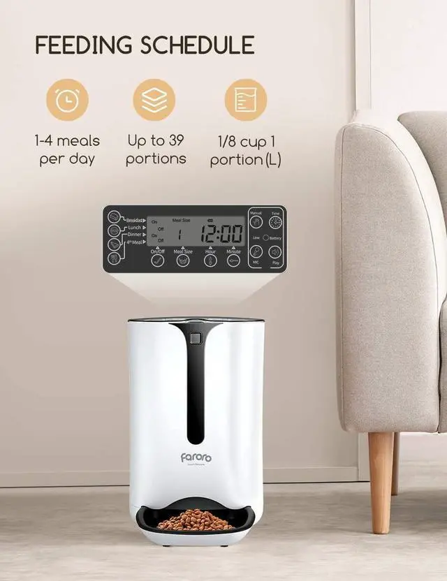 Alt view image 3 of 7 - Automatic Cat Feeder, Faroro Dog Food Dispenser for Small Pets with Distribution Alarms, Portion Control, Voice Recorder and Programmable Timer for up to 4 Meals per Day